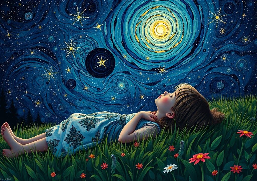Girl Gazing at Starry Sky in Art Nouveau Style
