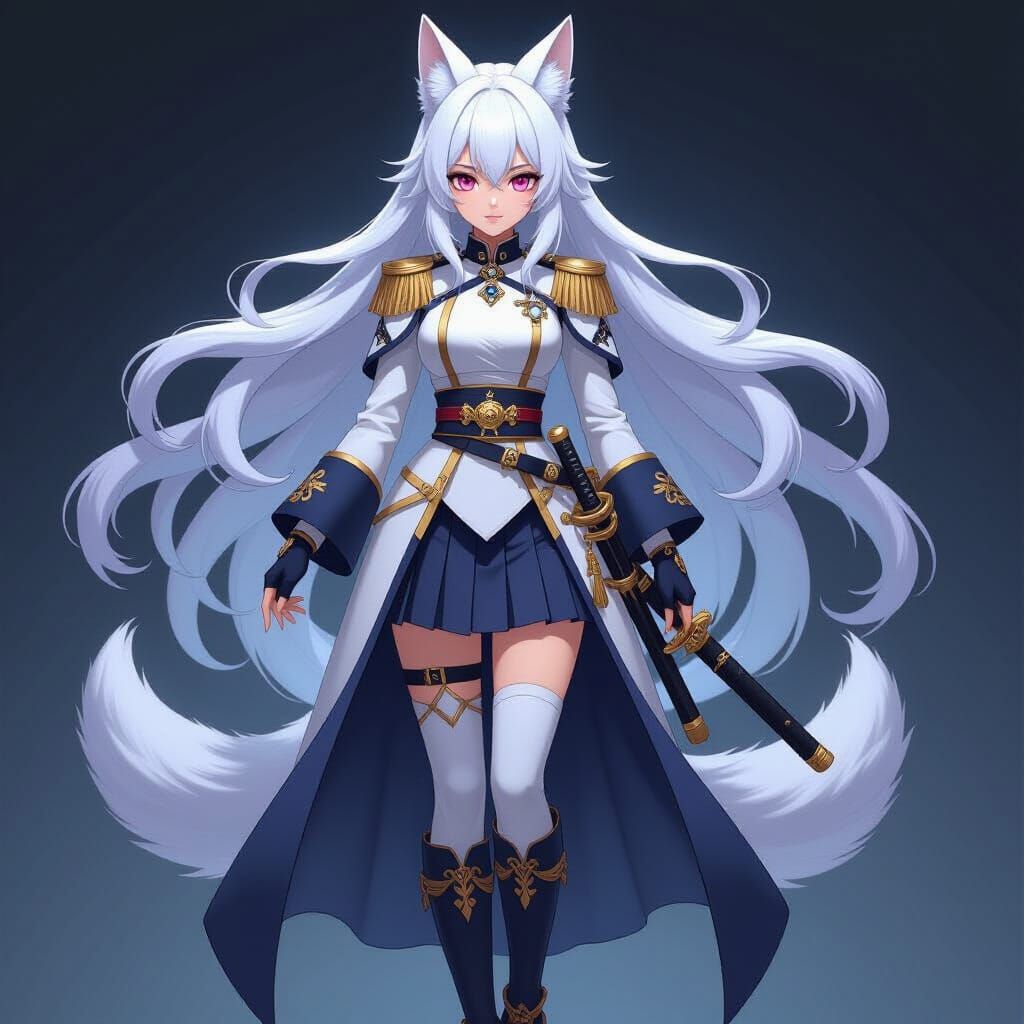 Anime Kitsune Admiral With Pink Eyes And Katana