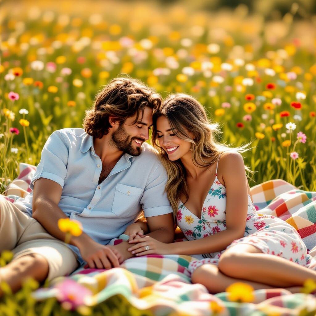 Couple's Picnic in Wildflower Field, Golden Hour Photography