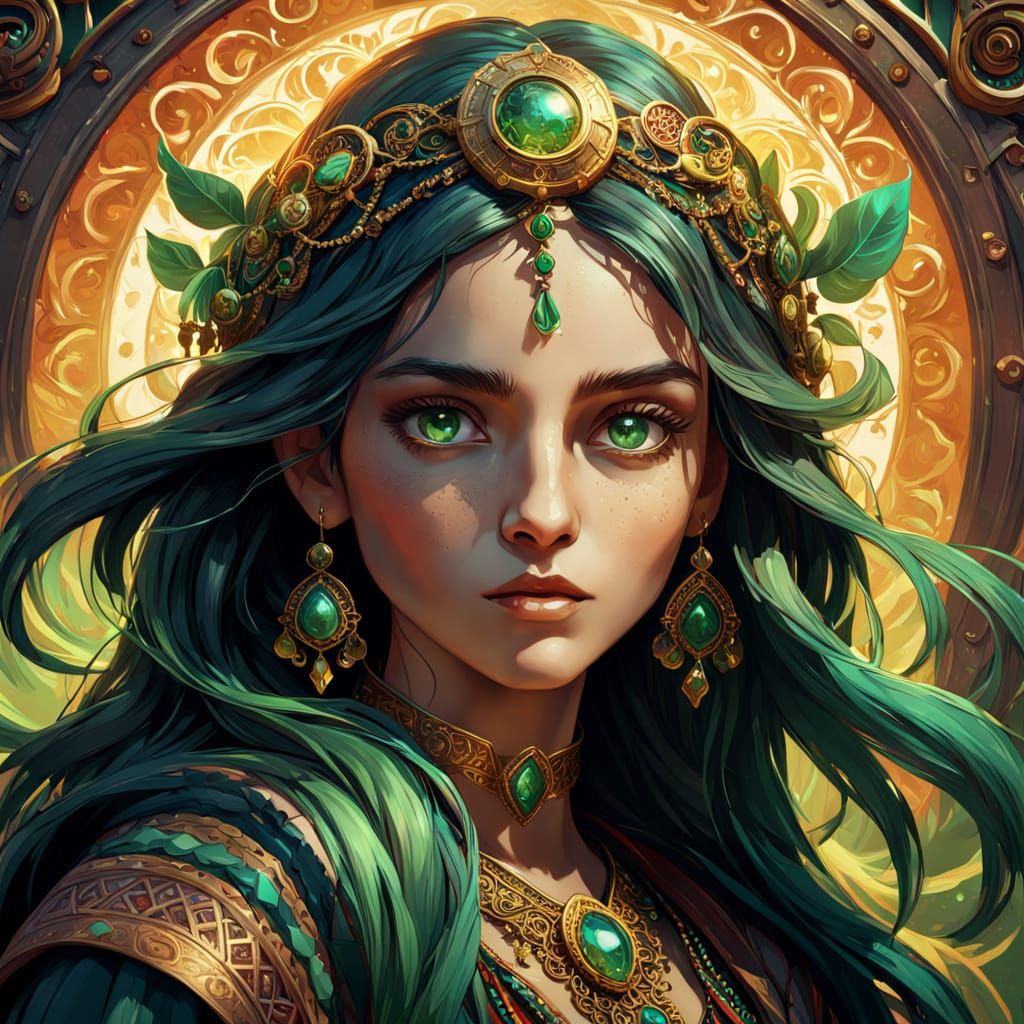 Sensual Gypsy Beauty with Radiant Emerald Eyes in Golden Hou...