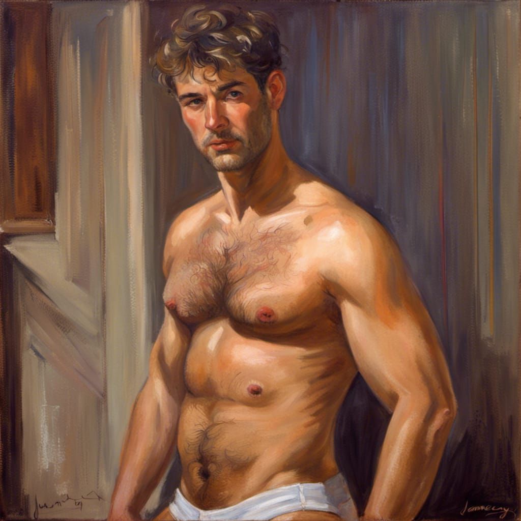 Handsome Man in Underwear, Oil Painting Style