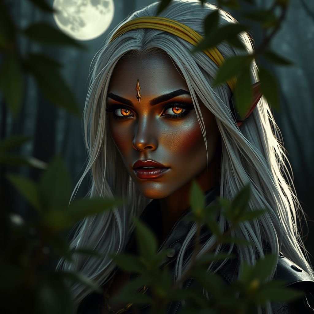 Mysterious Dark Elf Maiden in Moonlit Forest