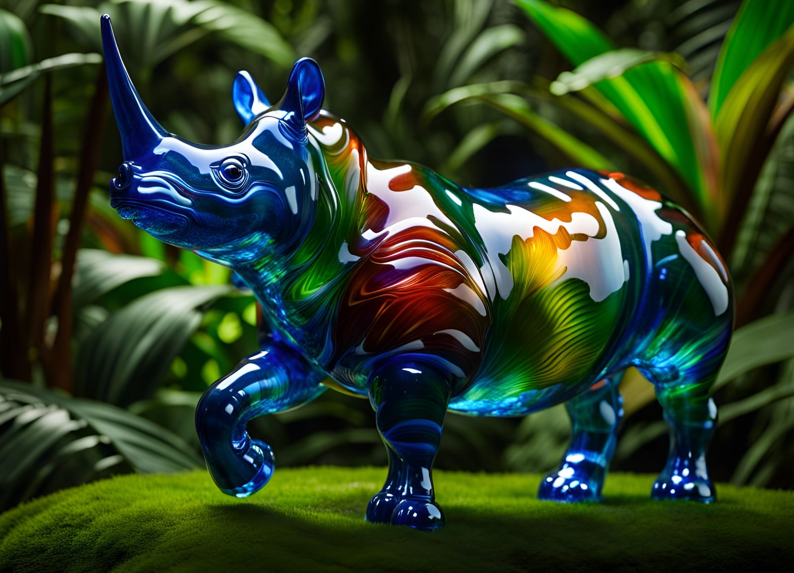 Blown Glass Rhino in the Jungle