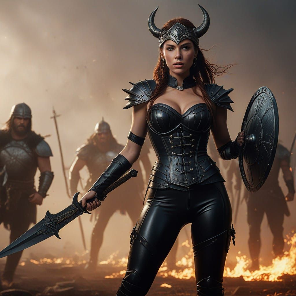 Sultry Warrior in High-Gloss Black Latex with Sword, Set Aga...