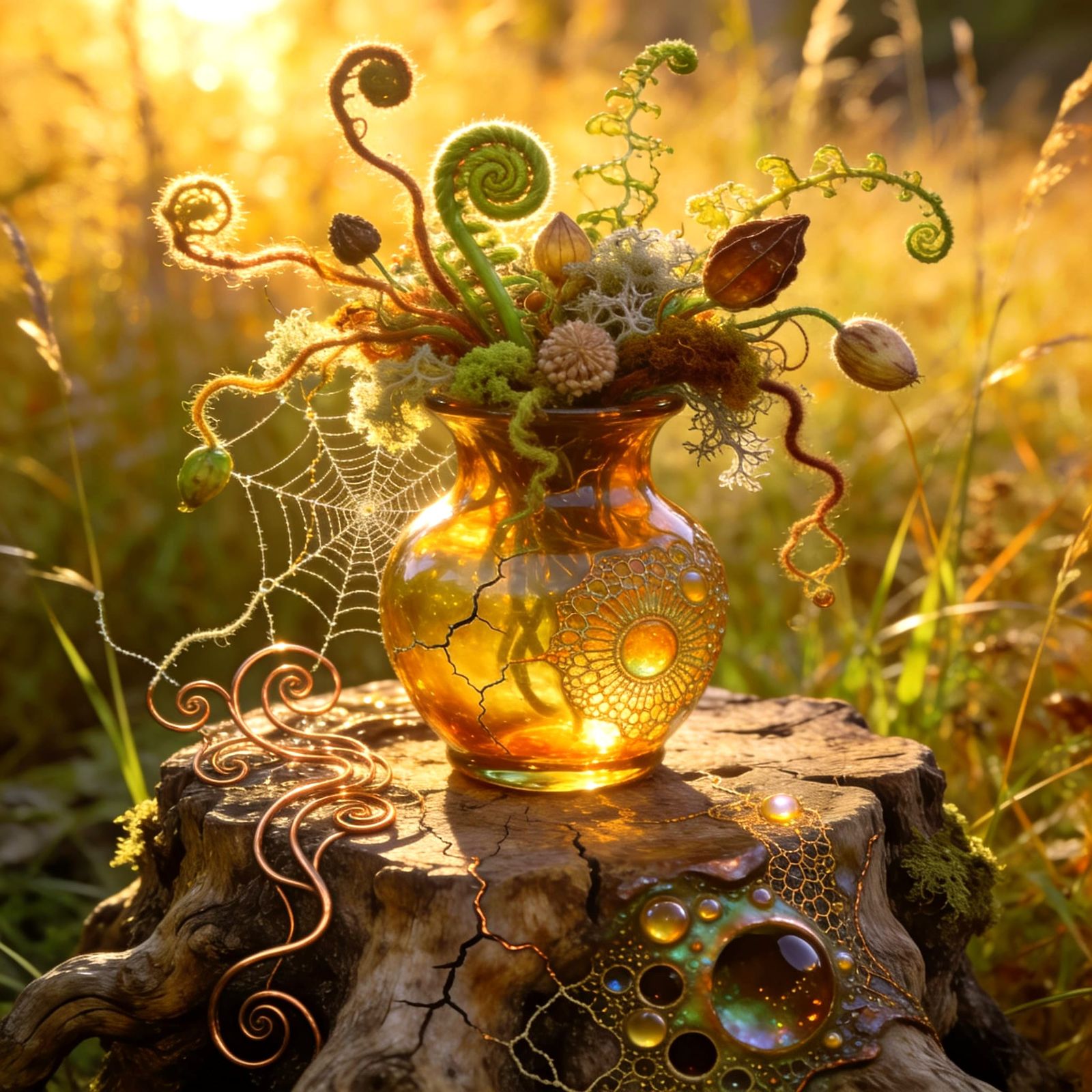 Intricate Raku Glass Vase on Rustic Stump