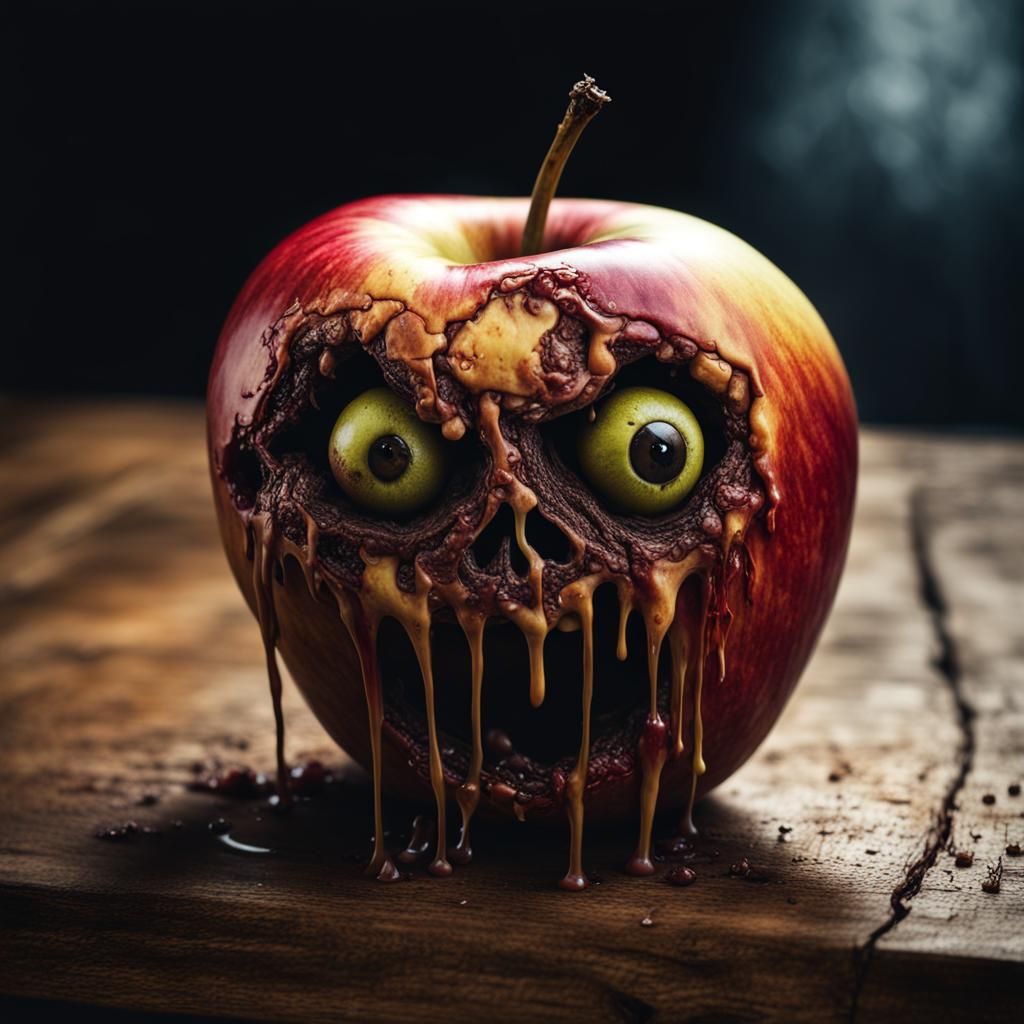Menacing Zombie Apple on Wooden Table in Hyperrealism