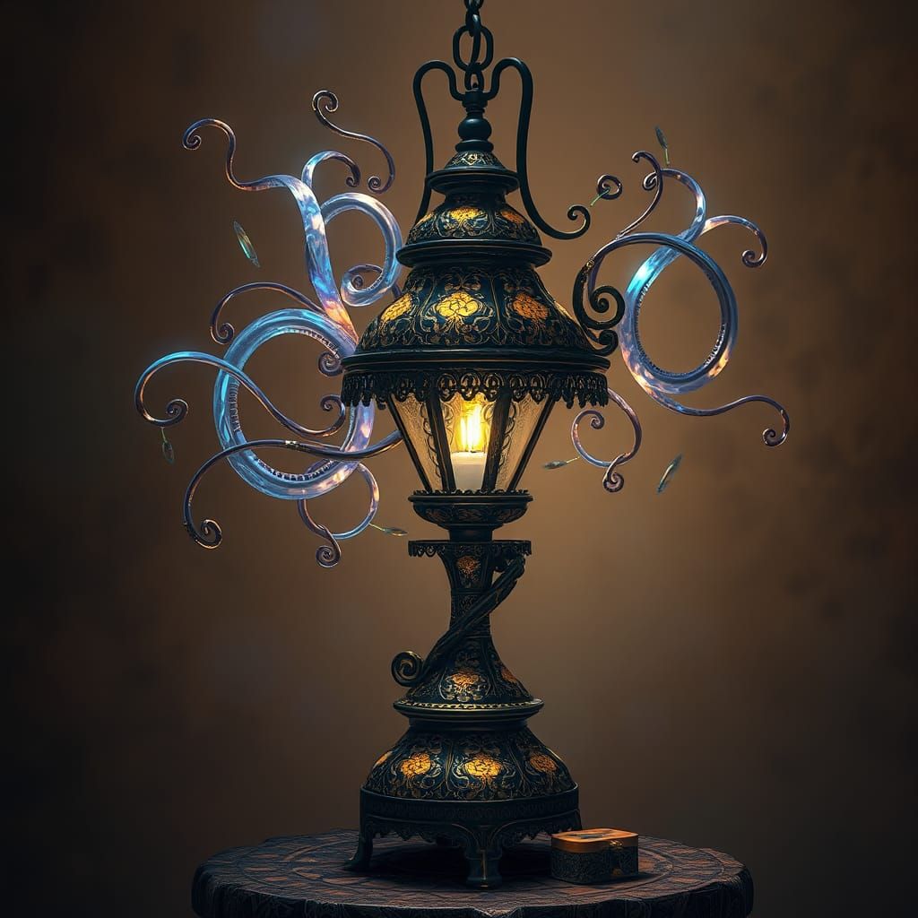 Ornate Lamp with Iridescent Tendrils in Digital Painting