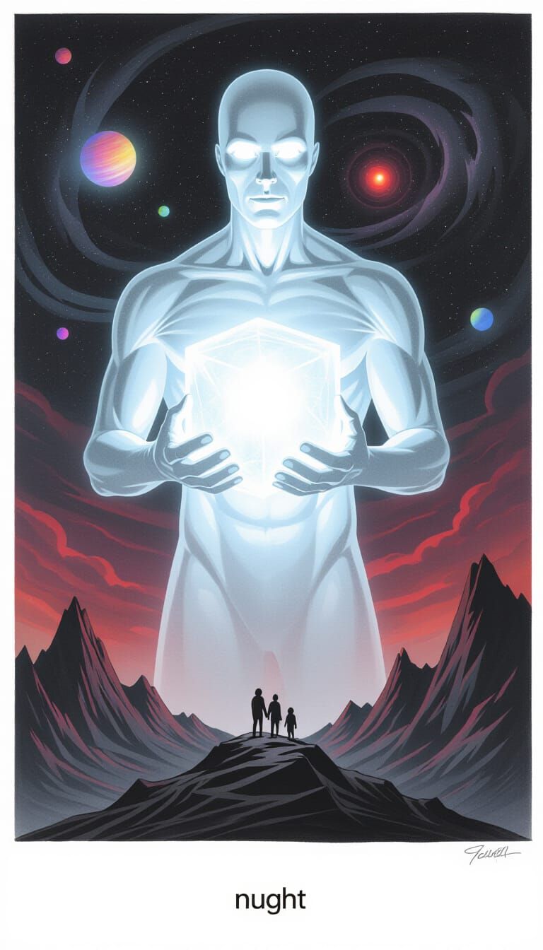 Ethereal Light Being Holds Glowing Cube in Cosmic Landscape