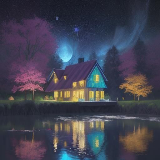 בית קטן על שפת הנחל הזורם ועצים מללבים בצבעים נועזים ואור הלבנה עם כוכבים מאירים 
7