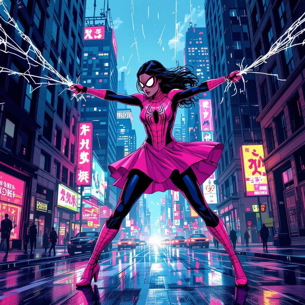 Spidergirl in Neon City Comic Art Style
