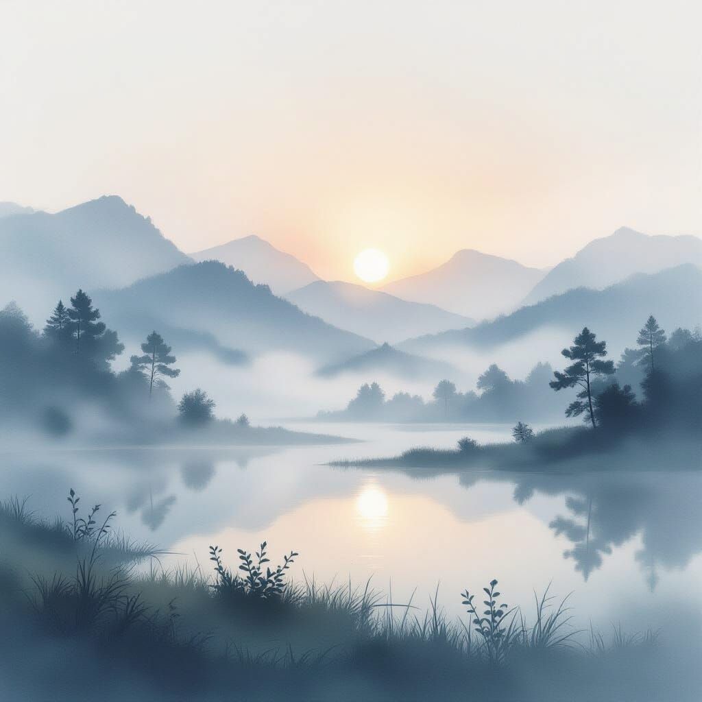Ethereal Morning Fog Over Tranquil Landscape