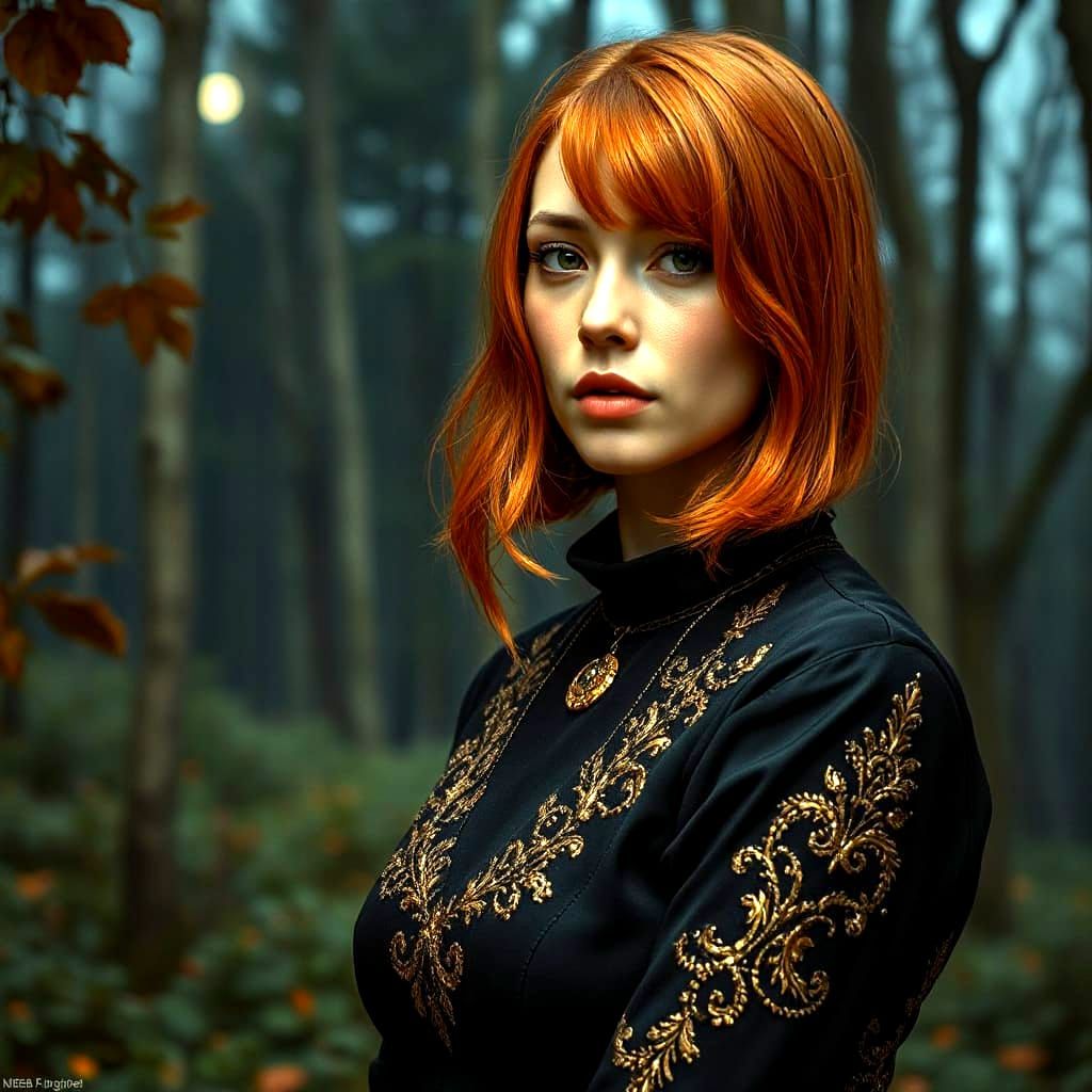 Redhead Woman in Moonlit Forest, Impasto Pulp Art