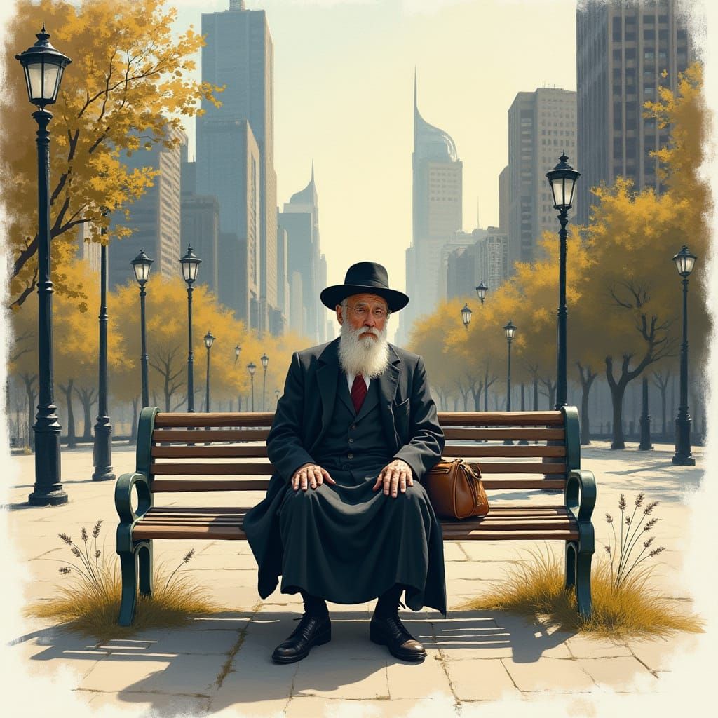 Haredi Man in City, Watercolor and Ink Style