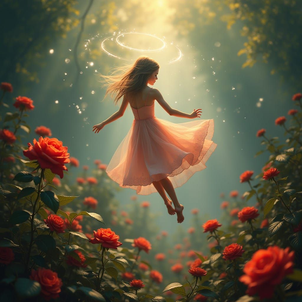 Delicate Being Hovers in Whimsical Dance around Vibrant Rose