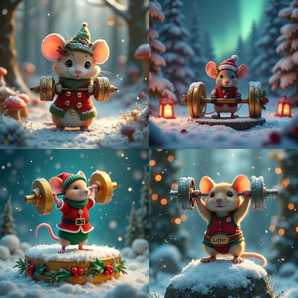 Surreal Christmas Mouse Lifts Heavy in a Fantastical Scene