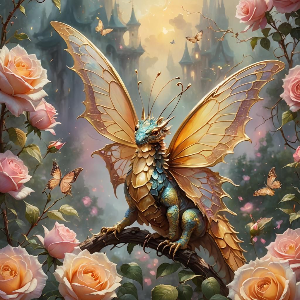 Butterfly-Dragon on Rose in Ethereal Oil Painting Style