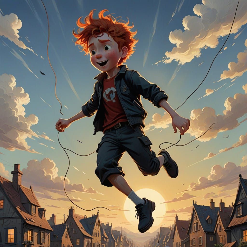 Boys Jumping Rope in Whimsical Gouache Style