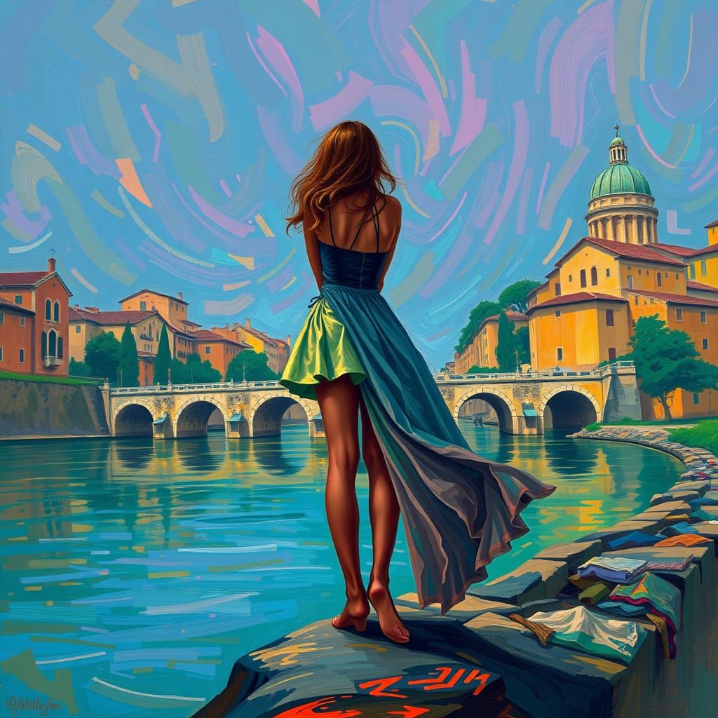 Roman Riverbank Scene in a Surreal Style