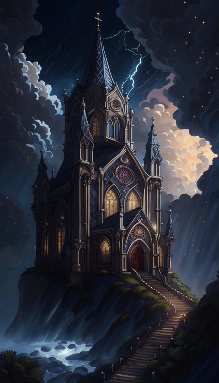 Ornate Gothic Church on Cliff Under Stormy Sky