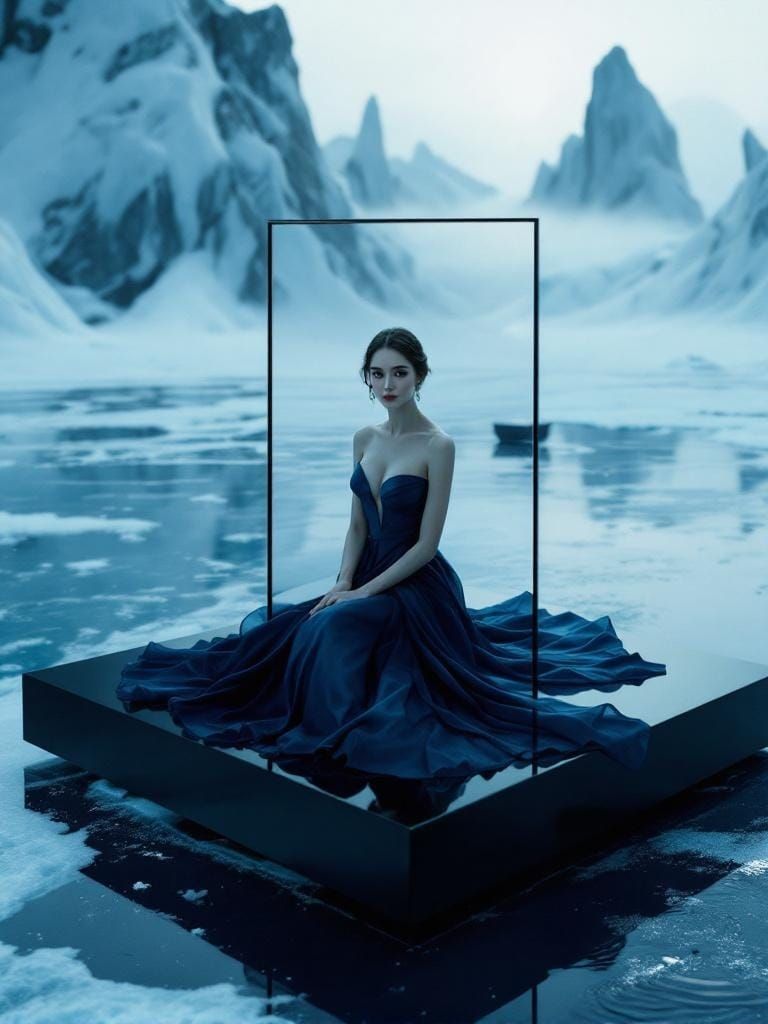 Regal Woman in Frozen Landscape, a Surreal Scene