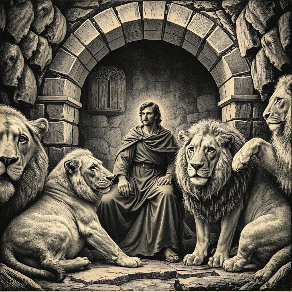 Daniel in the Lions' Den, Wood Engraving Style