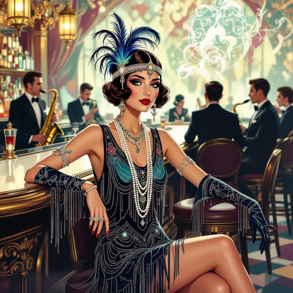 Flapper at Art Deco Bar with Neural Implants