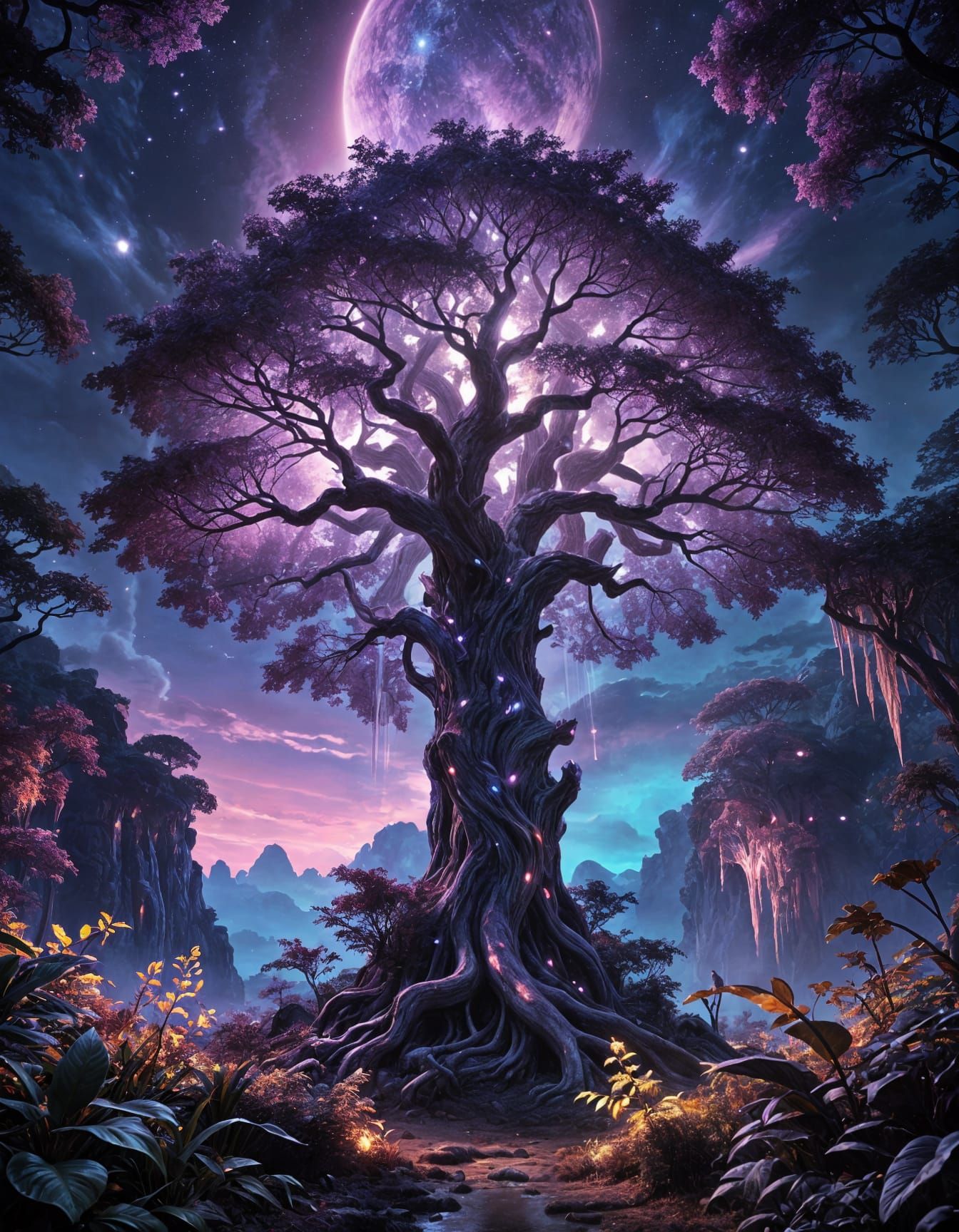 Ethereal Alien Tree Illuminates Purple-Hued Night Sky