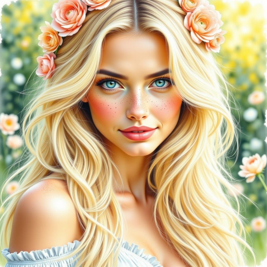 Beautiful Woman in Summer Wood Watercolor Style