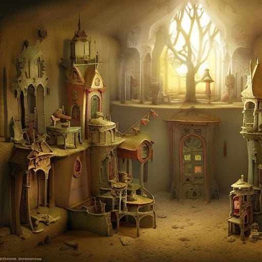 Intricate Dollhouse Interior in Golden Age Illustration Styl...