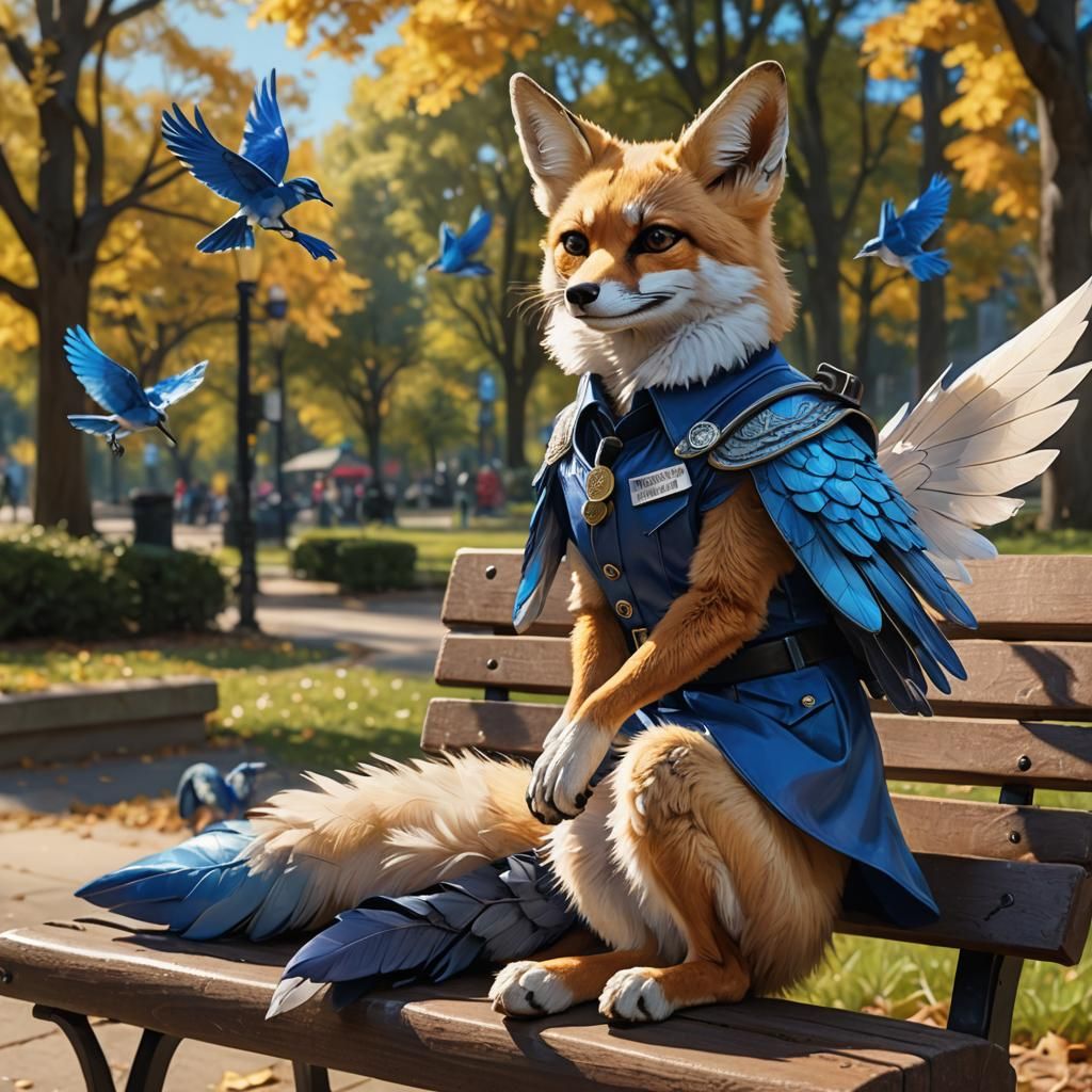 Winged Fox Mailman on Park Bench: Digital Art