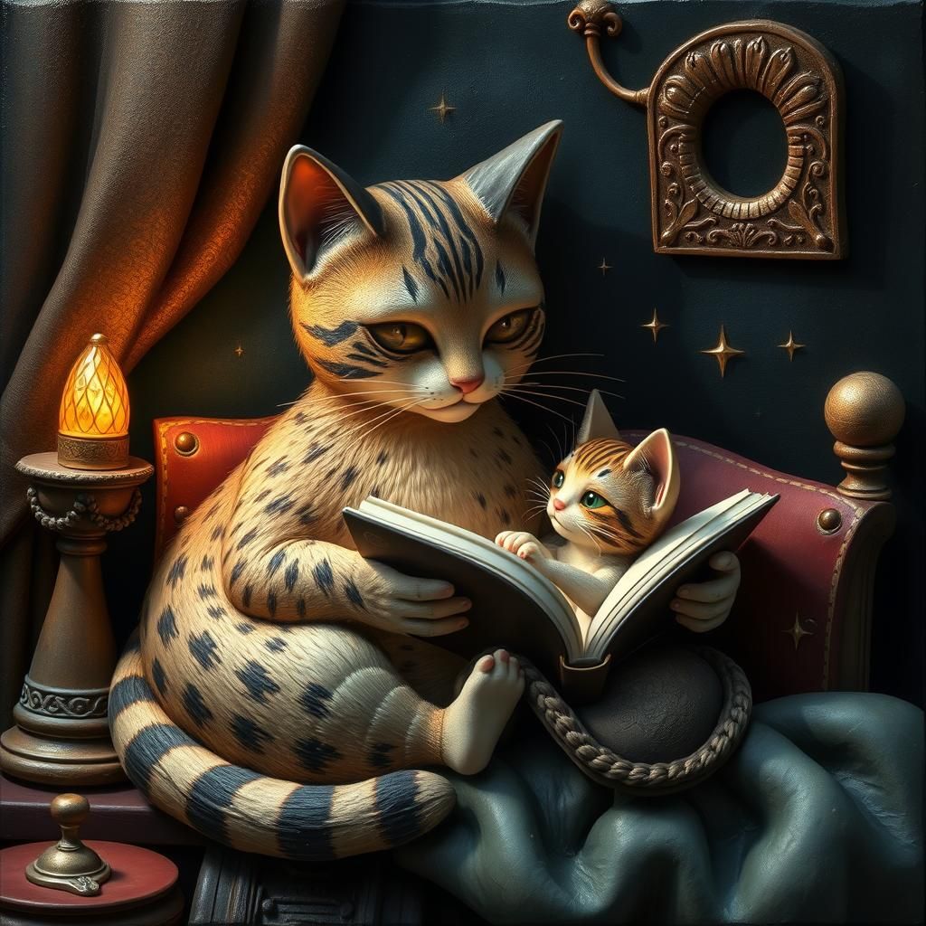 Cat's Bedtime Story in Folk Art Style