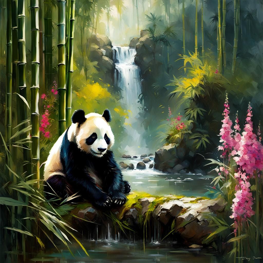 Adorable Panda in Bamboo Forest: Matte Painting