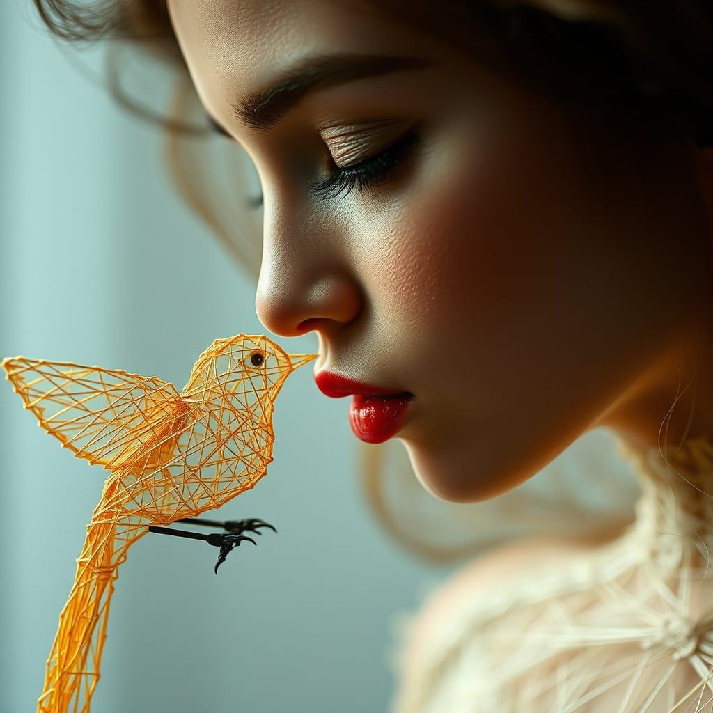 String Art: Woman Kissing Bird Portrait