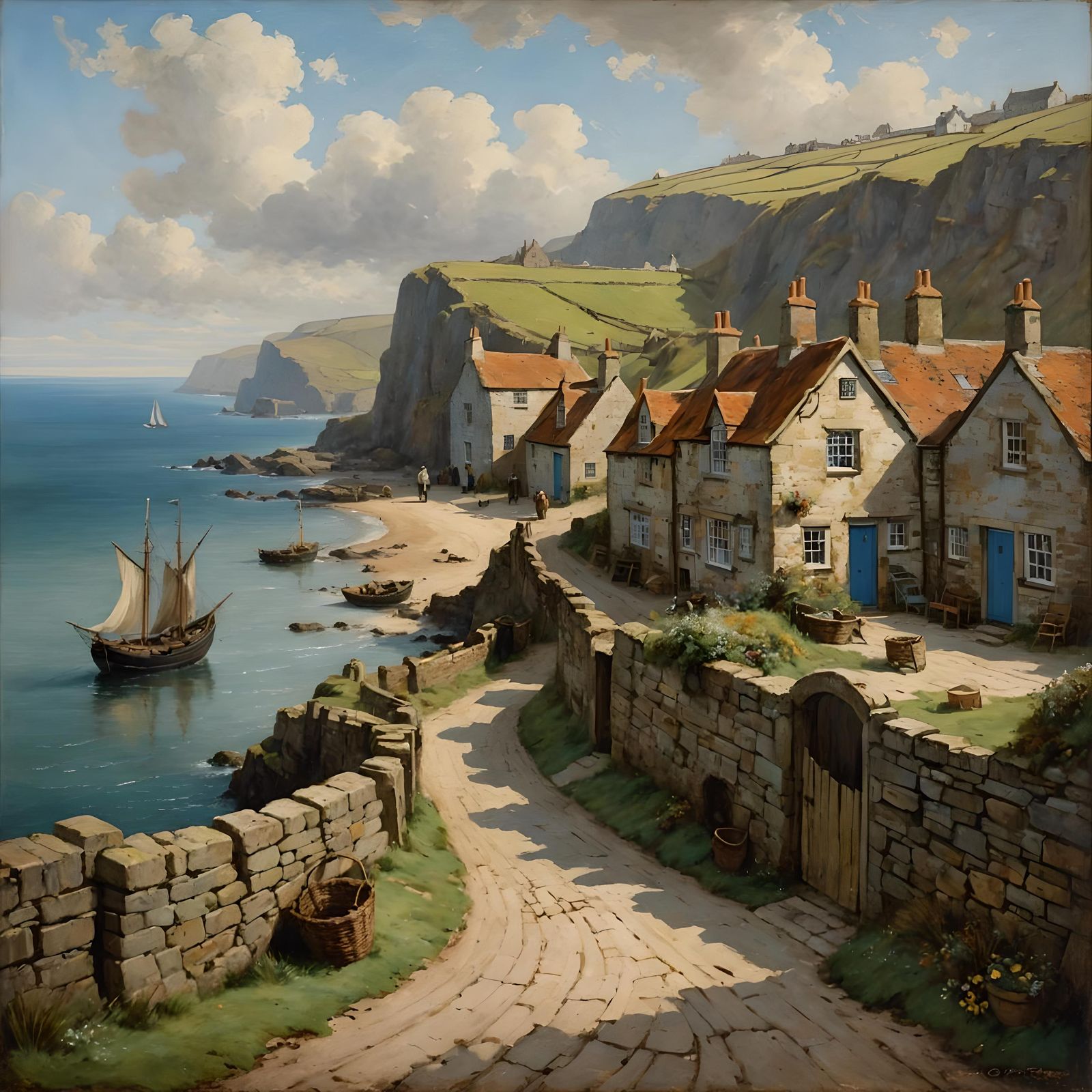 Yorkshire Fishing Village, Classical Oil Painting Style