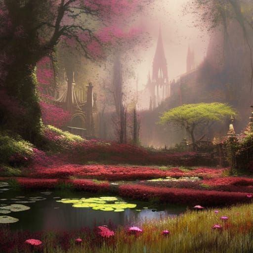 High Gothic Victorian Flower Garden in Spring Sunlight