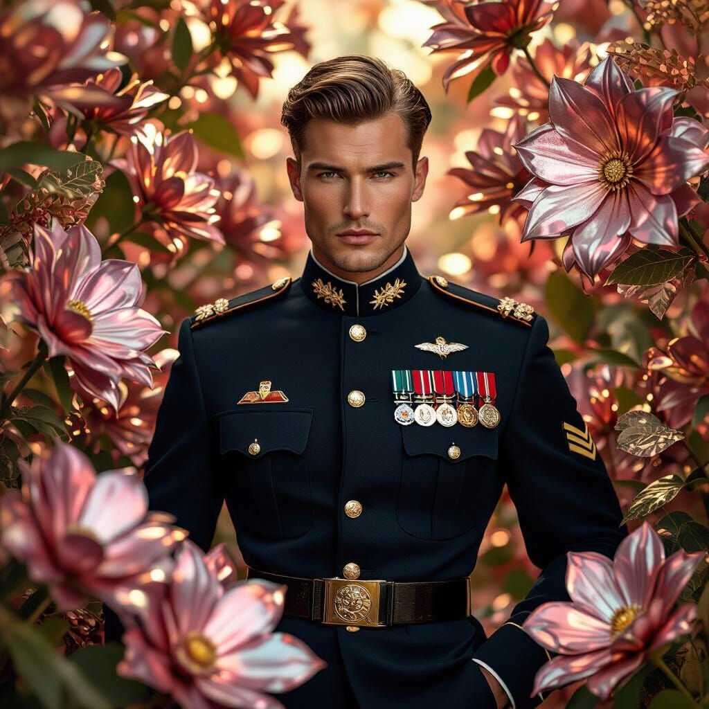 Confident Soldier Among Metallic Flowers in Neo-Futurist Sty...