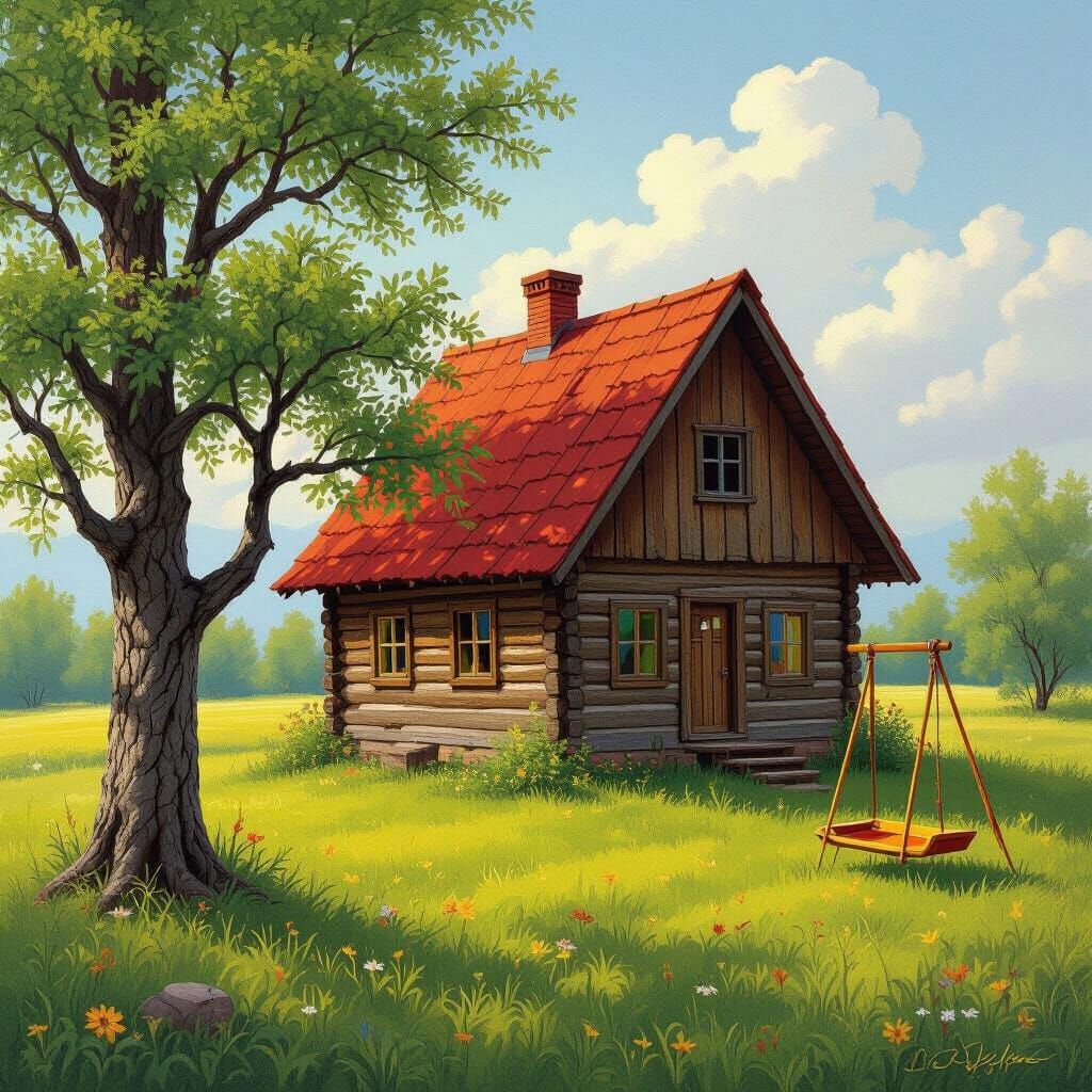 Rustic Wooden House with Red Roof Amidst Green Meadow