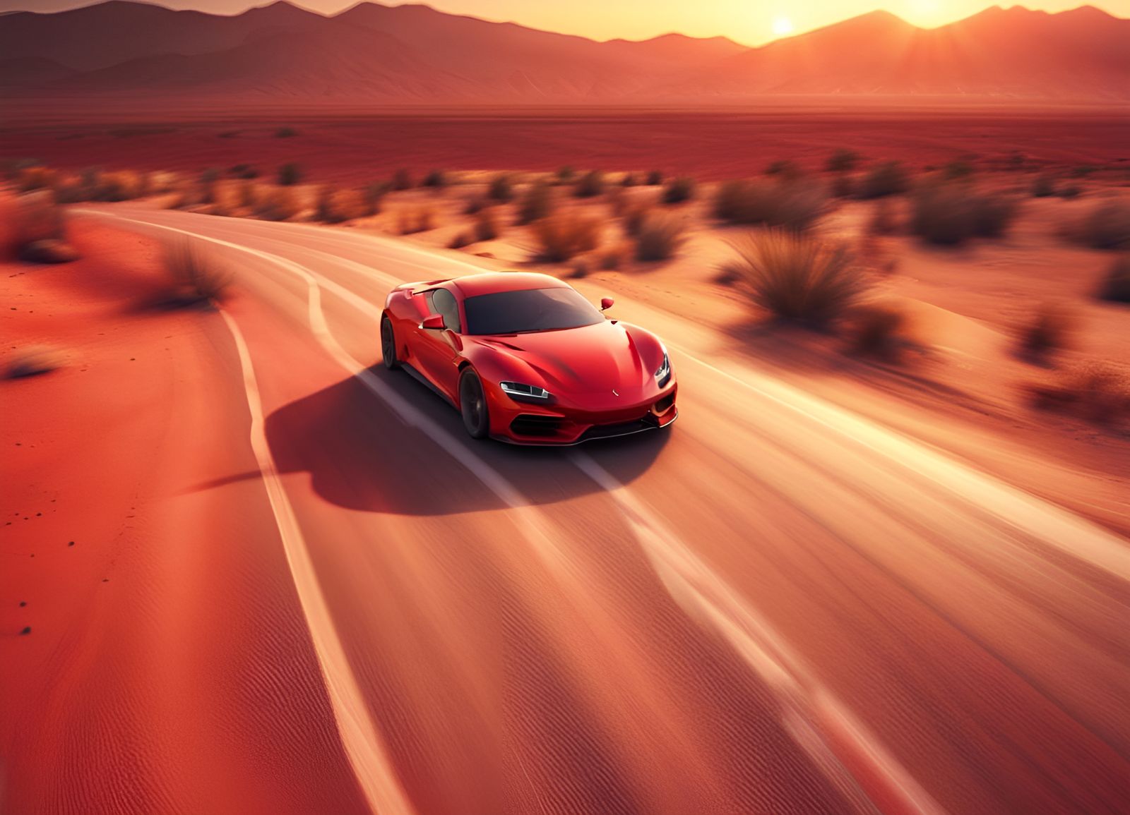 A red sport cars on the road near the desert during sunset