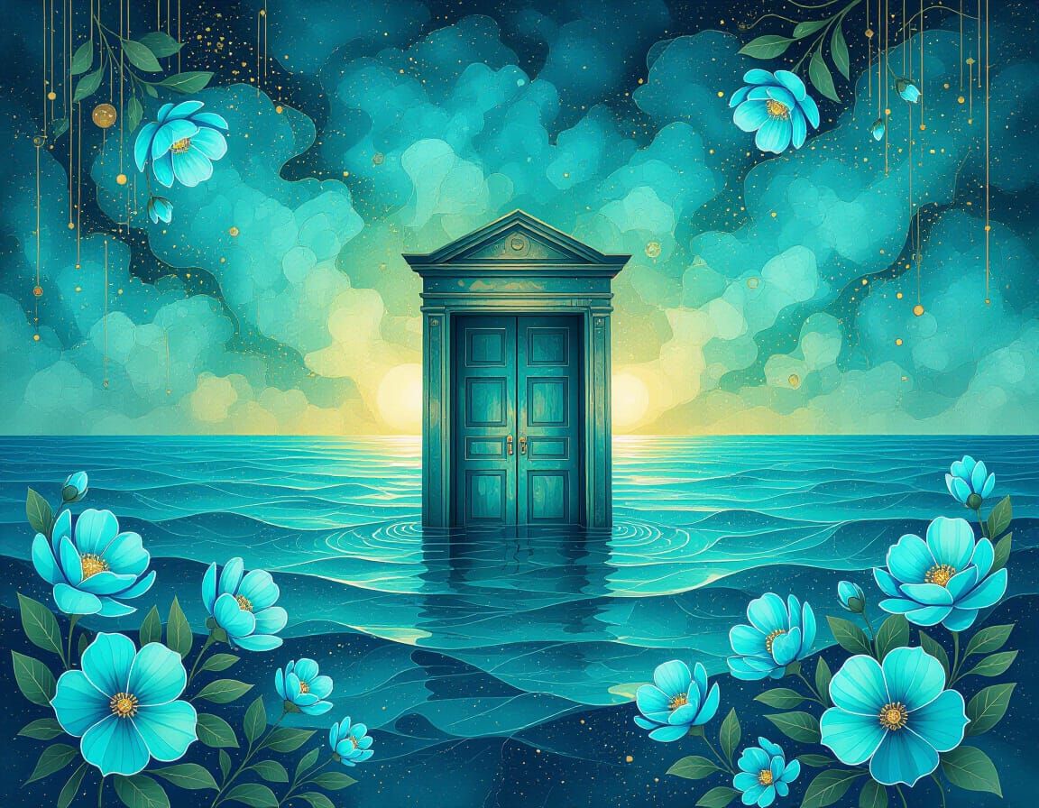 Ocean Door: Surreal Digital Art with Turquoise Flowers