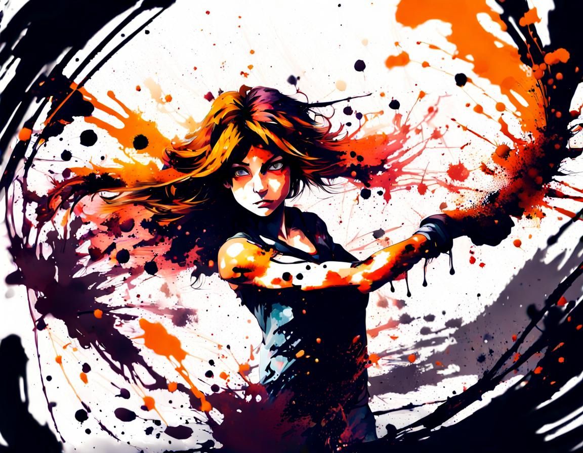 Anime Fox Girl in Epic Ink Splatter Battle
