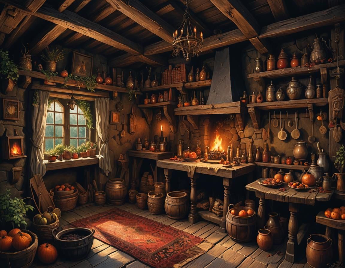 Medieval Witch's Cottage Interior: Detailed Warm Color Paint...
