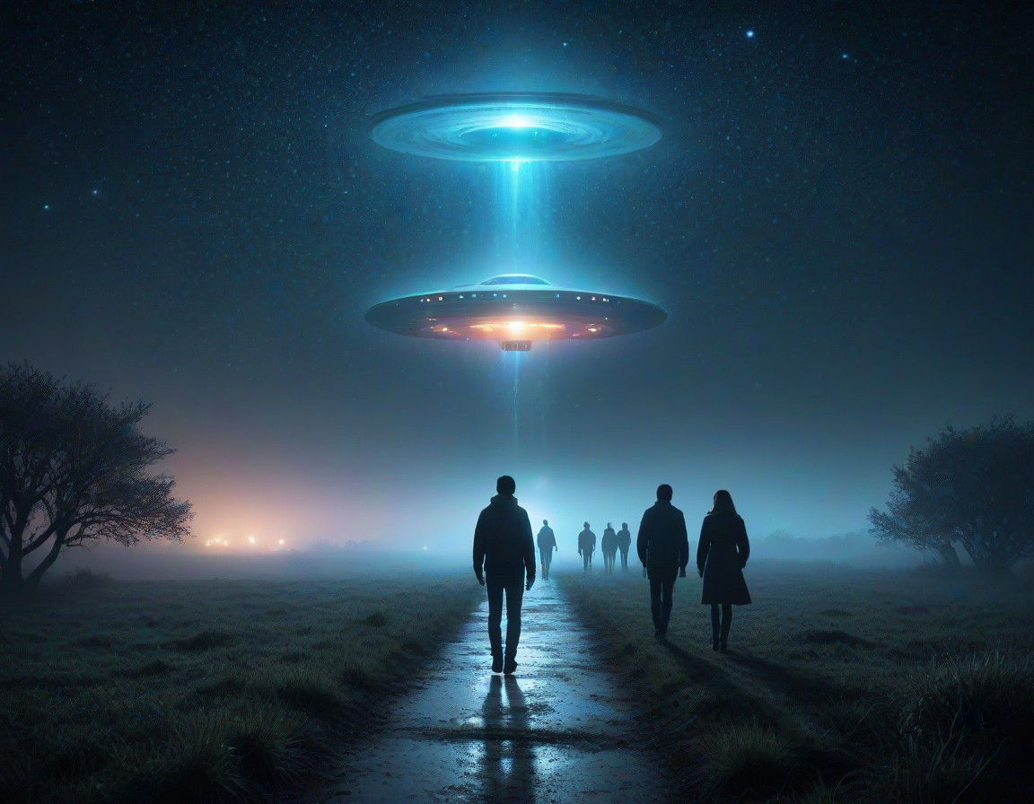 Surrealists Board UFO in Dreamlike Nighttime Scene