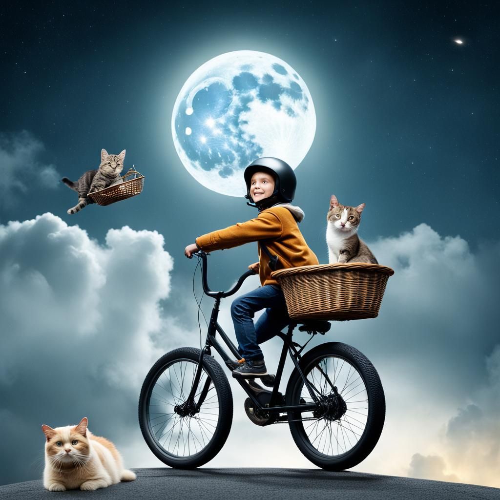 Boy and Cat on Flying Bike Under Moon
