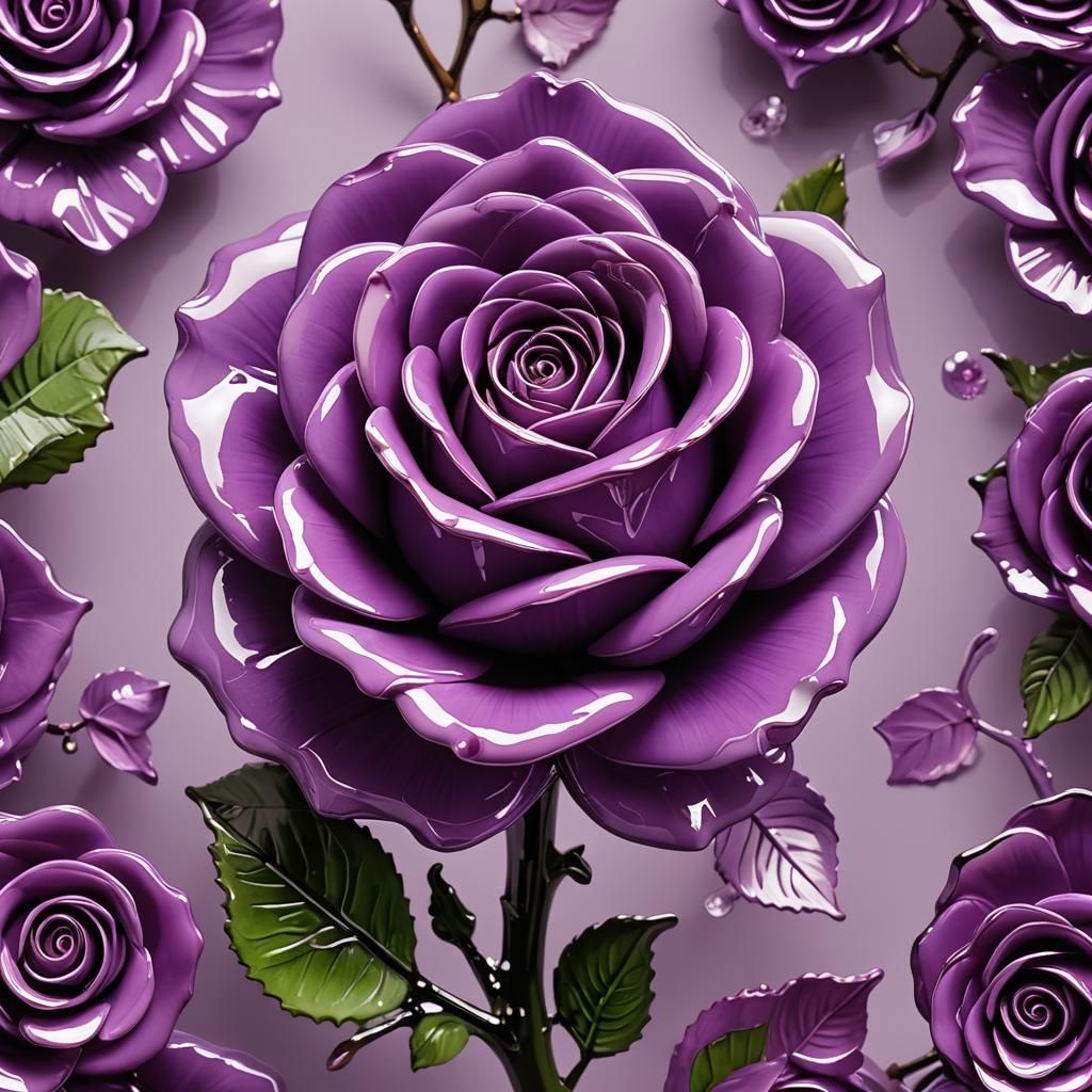 Enameled Glass Figurine of a Purple Rose