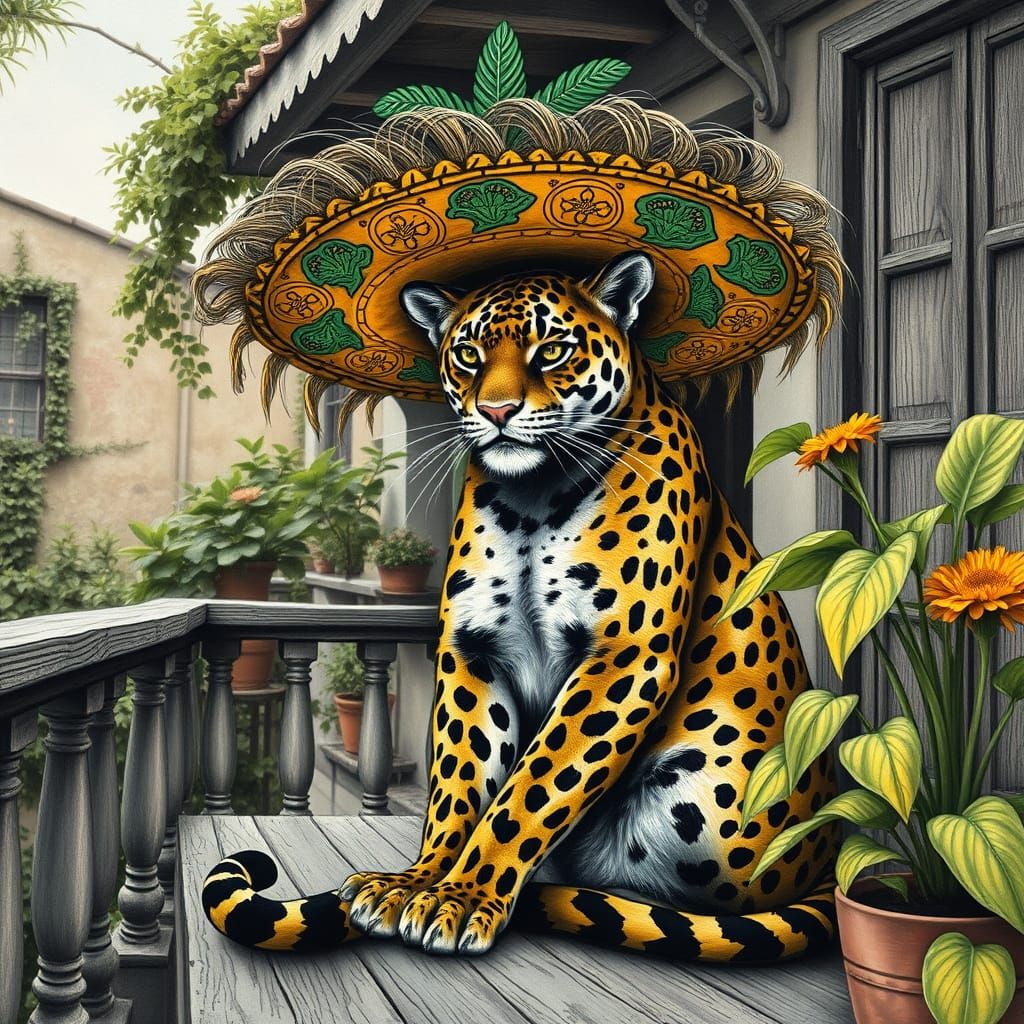 Panther in Sombrero: Hyperdetailed Charcoal Drawing