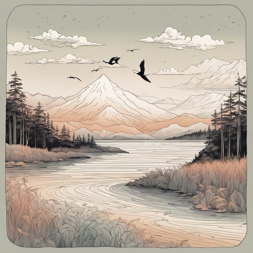 Serene Beach Landscape in Minimalist Ink Style