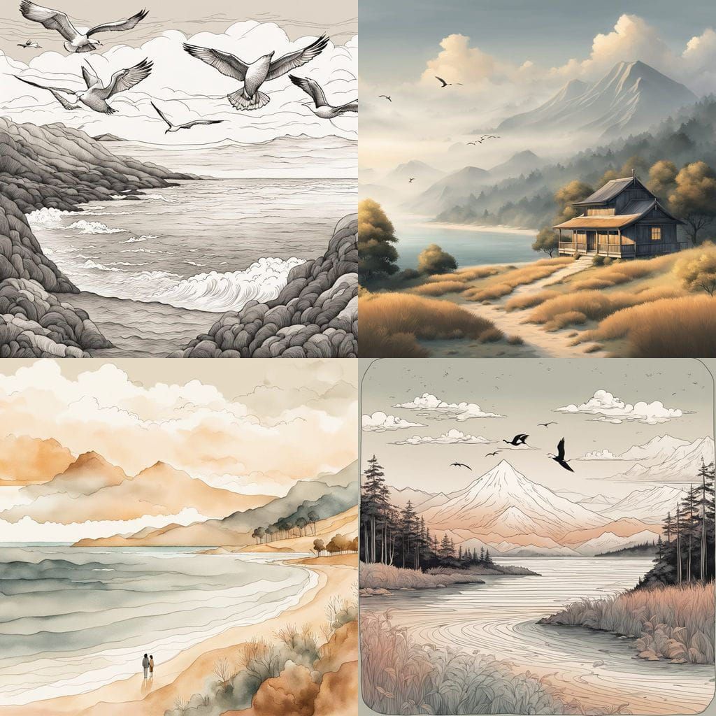 Serene Beach Landscape in Line Art Style