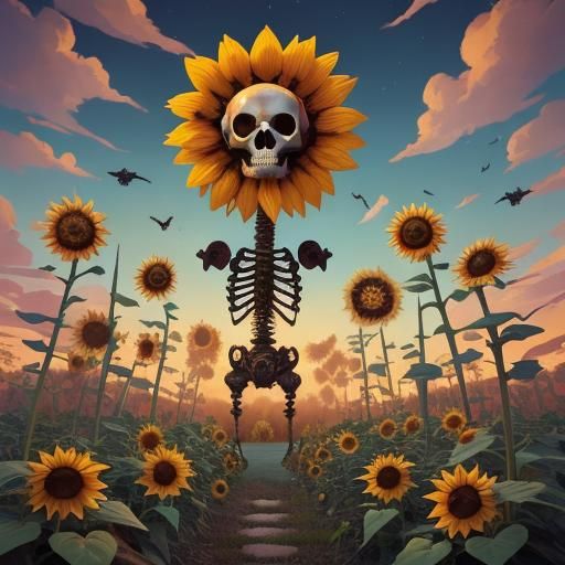 Dark Fantasy Sunflowers Bloom from Skulls in Whimsical 3D Il...