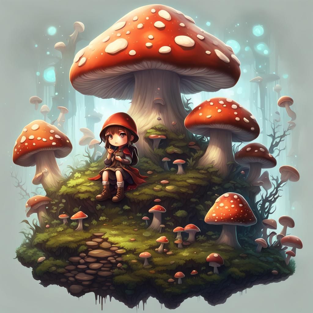 Mushroom Chibi Girl in Digital Matte Painting Style