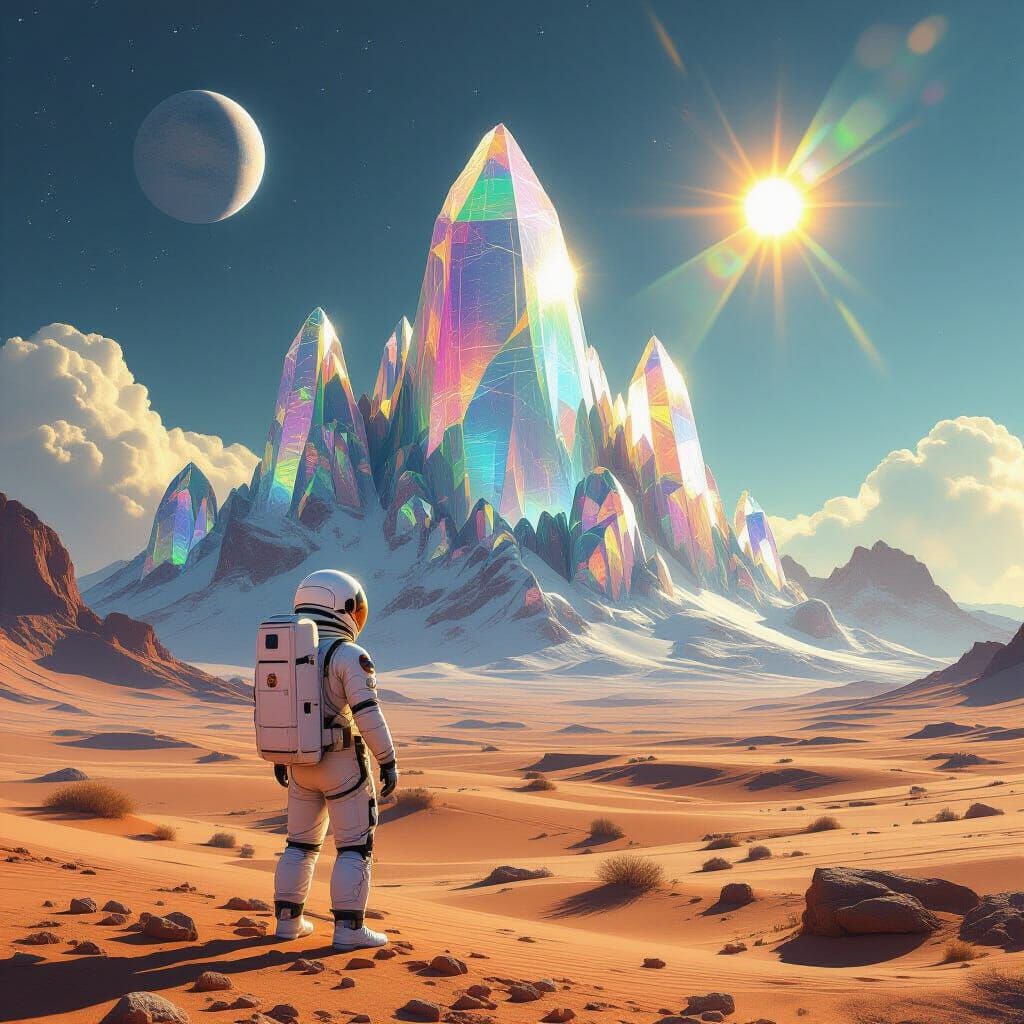 Astronaut Gazes at Crystal Mountains on Alien Planet